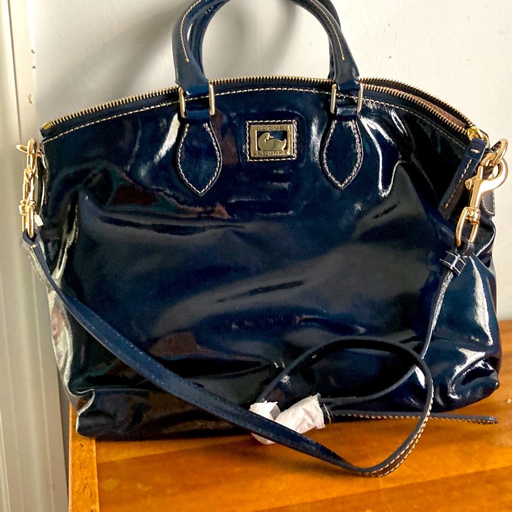 Dooney & Bourke genuine patent leather domed satchel, Midnight Blue, NWT